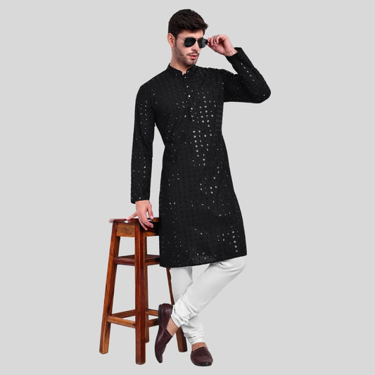 Black Sequin Kurta Pyjama Set – Bold, Dapper & Festive Ready