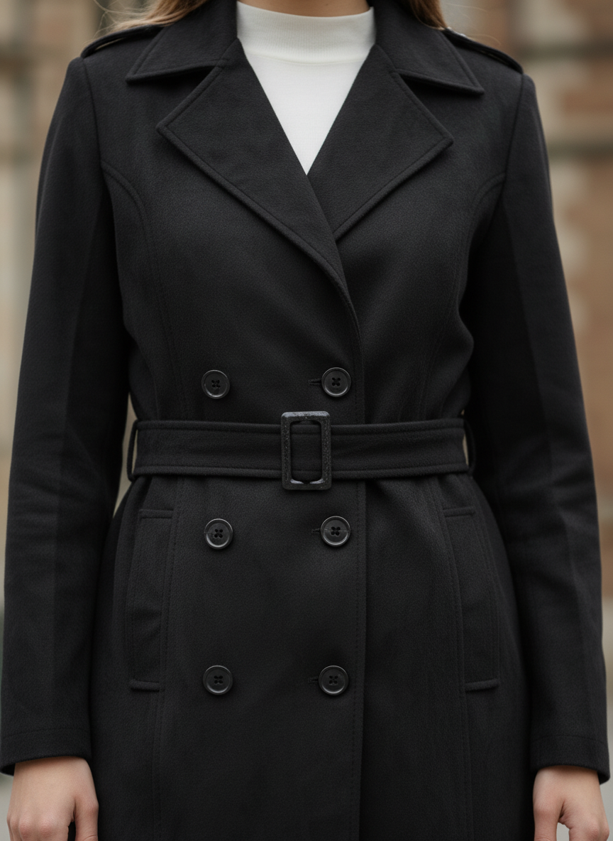 Excent Women’s Woollen Black Suede Long Coat with Belt – Elegant Winter Wear