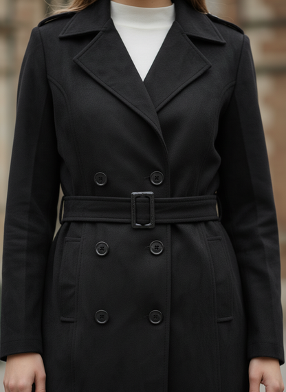 Excent Women’s Woollen Black Suede Long Coat with Belt – Elegant Winter Wear