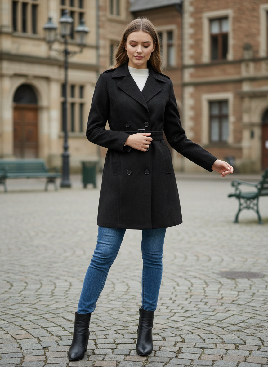 Women’s black regular coat with belt – Excent winter collection
