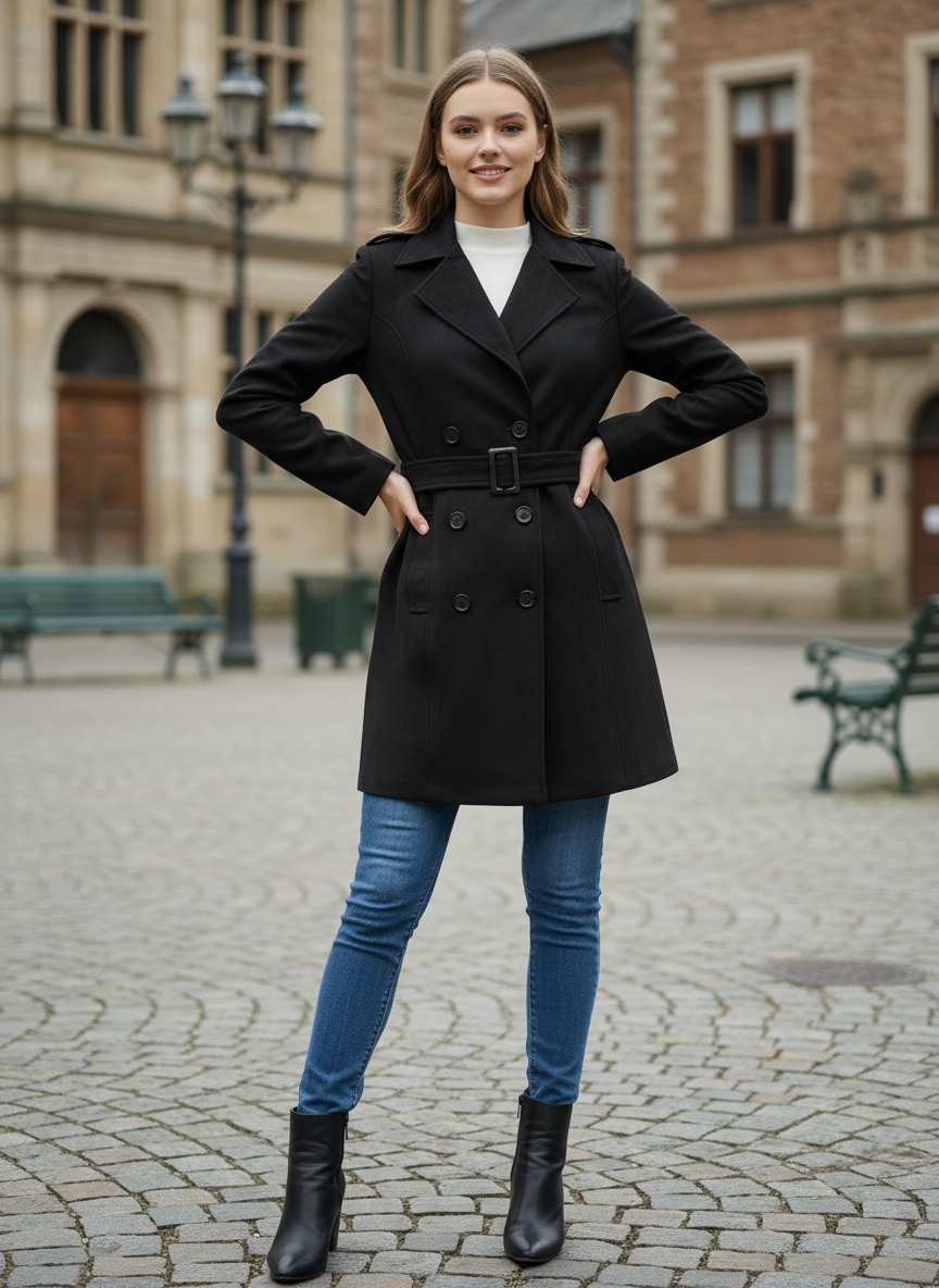 Woman wearing a black suede/wollen coat and blue jeans standing on a cobblestone street.