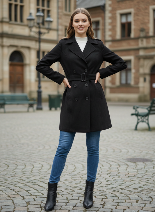 Woman wearing a black suede/wollen coat and blue jeans standing on a cobblestone street.