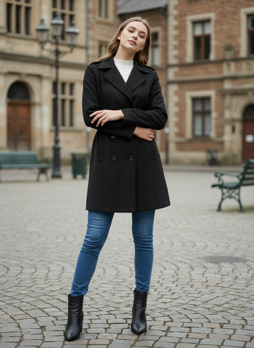 Woman wearing a black coat and blue jeans standing on a cobblestone street.