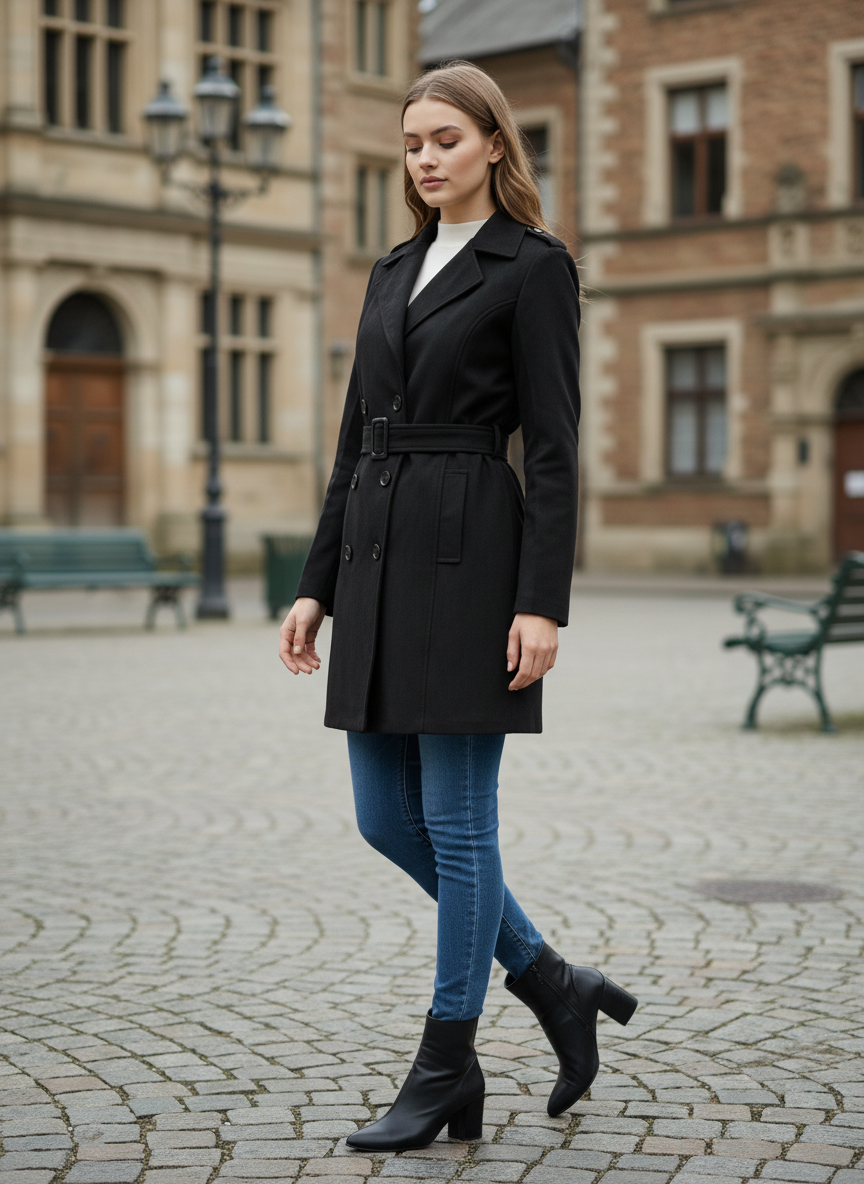 Excent Women’s Woollen Black Suede Long Coat with Belt – Elegant Winter Wear