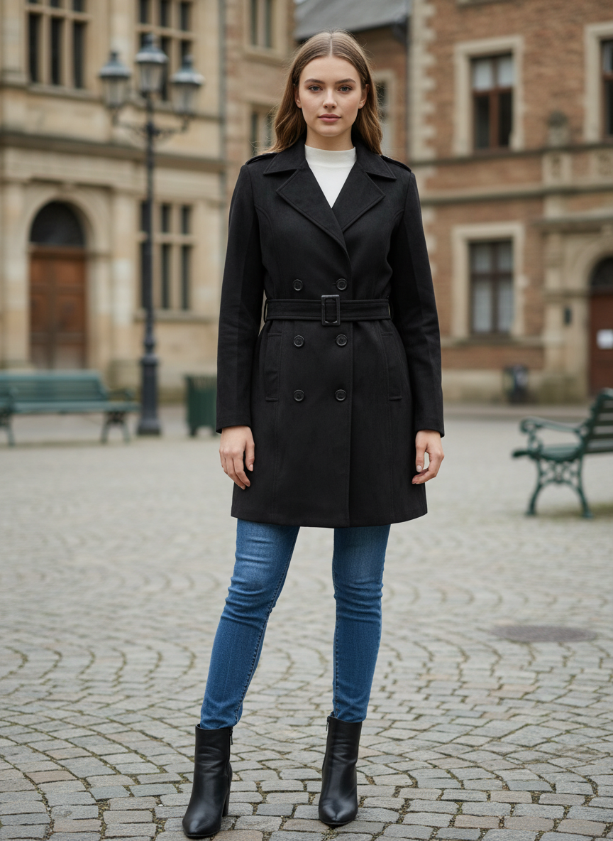 Woman wearing a black coat and blue jeans standing on a cobblestone street.