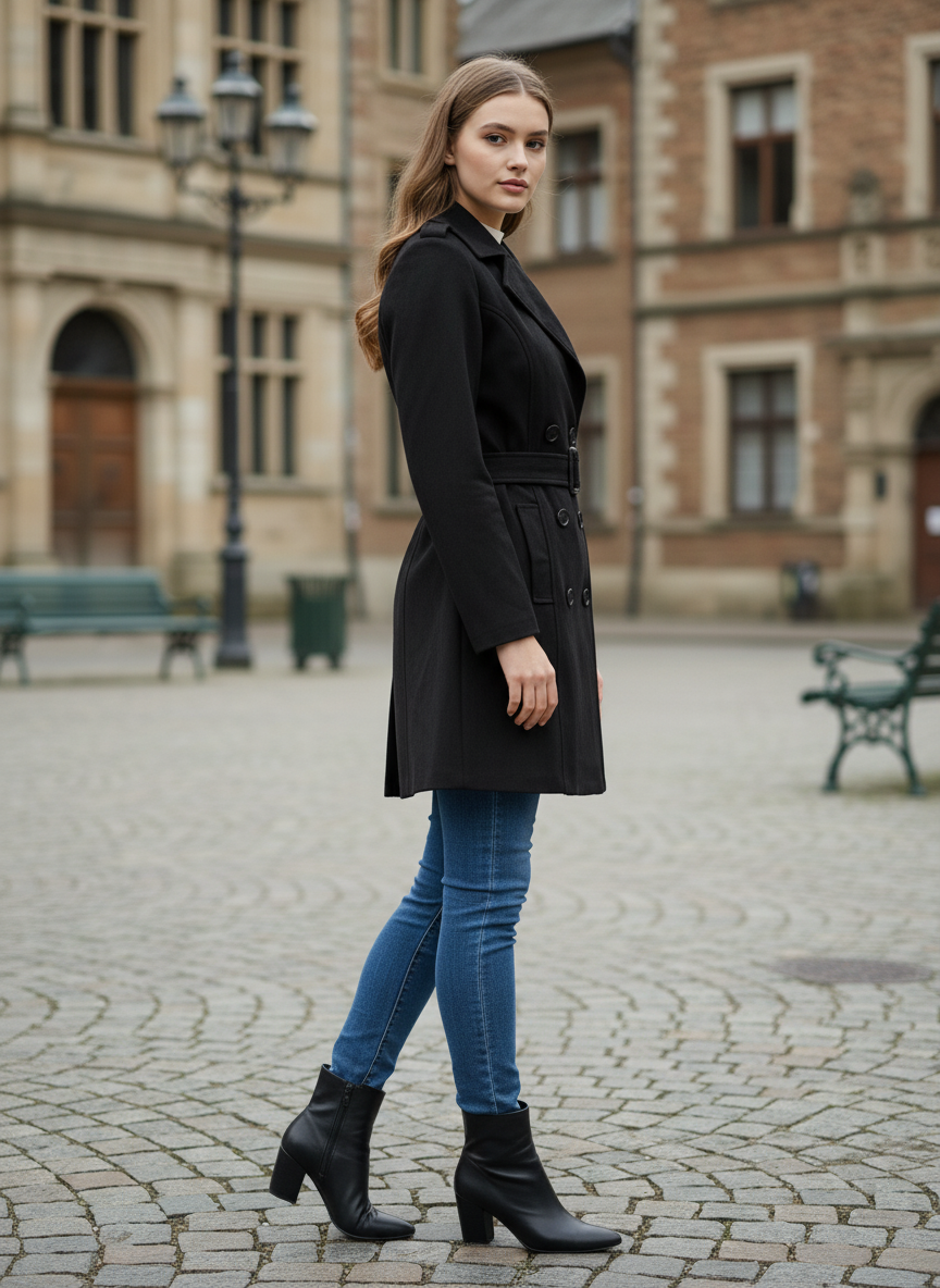 Excent Women’s Woollen Black Suede Long Coat with Belt – Elegant Winter Wear