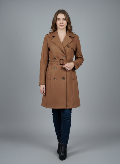 Excent Women’s Woollen Tan Suede Long Coat with Belt – Elegant Winter Wear