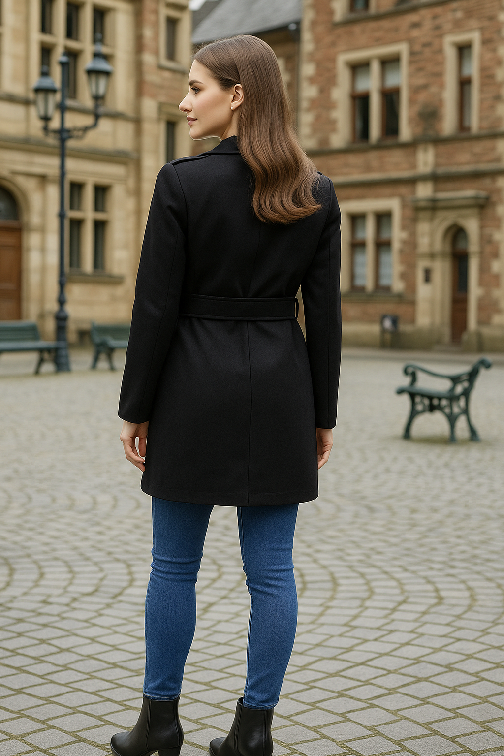 Excent black belted winter suede wollen coat back view