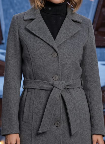 Excent Women’s Woollen Regular Coat with Belt – Elegant Winter Wear | Dark Grey