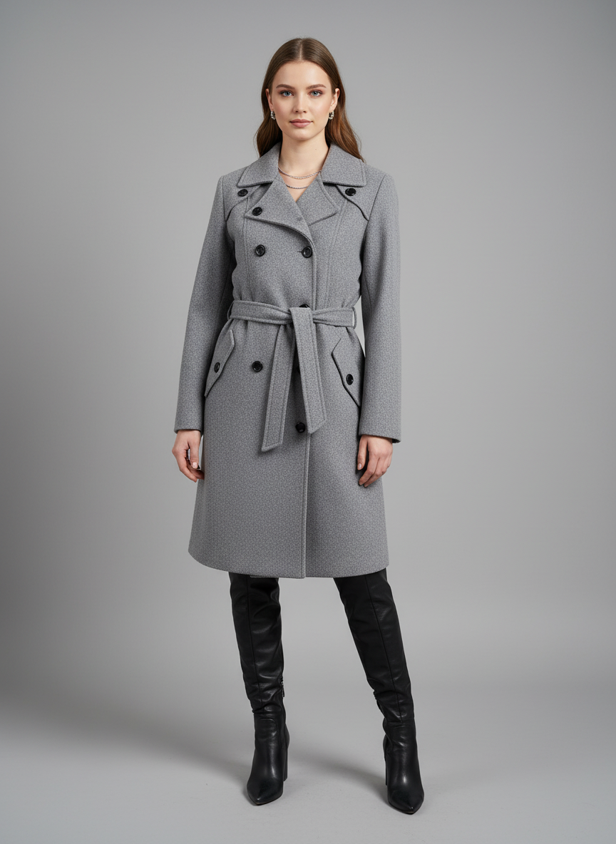 Excent Women’s Woollen Tweed Belted Coat – Classic Double-Breasted Winter Wear | Drak Grey