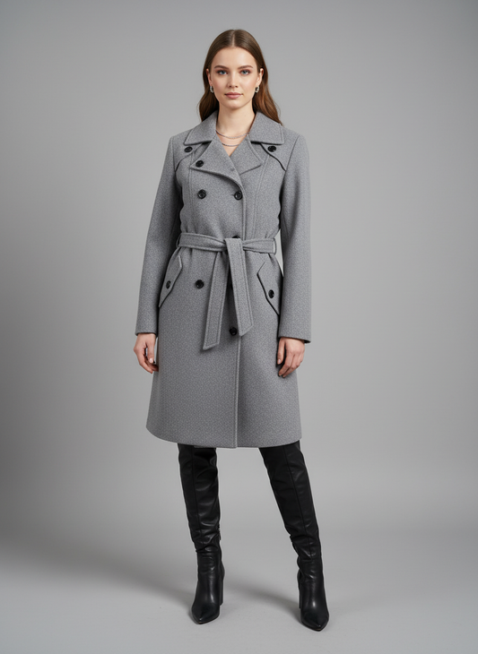 Excent Women’s Woollen Tweed Belted Coat – Classic Double-Breasted Winter Wear | Drak Grey