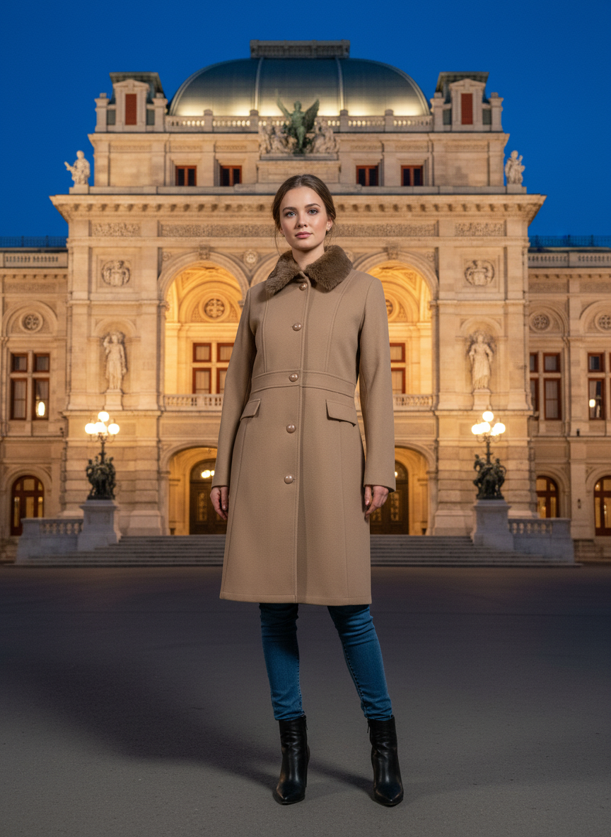 Woman in a beige coat standing in front of an ornate building at night.
