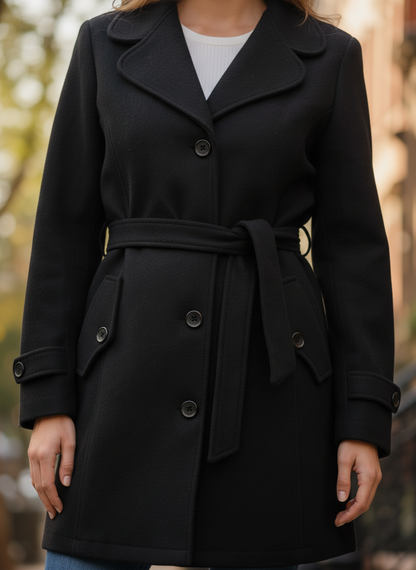 Excent Women’s Woollen Tweed Belted Coat – Classic Long Winter Jacket in Black| Elegant Warm Overcoat for Women