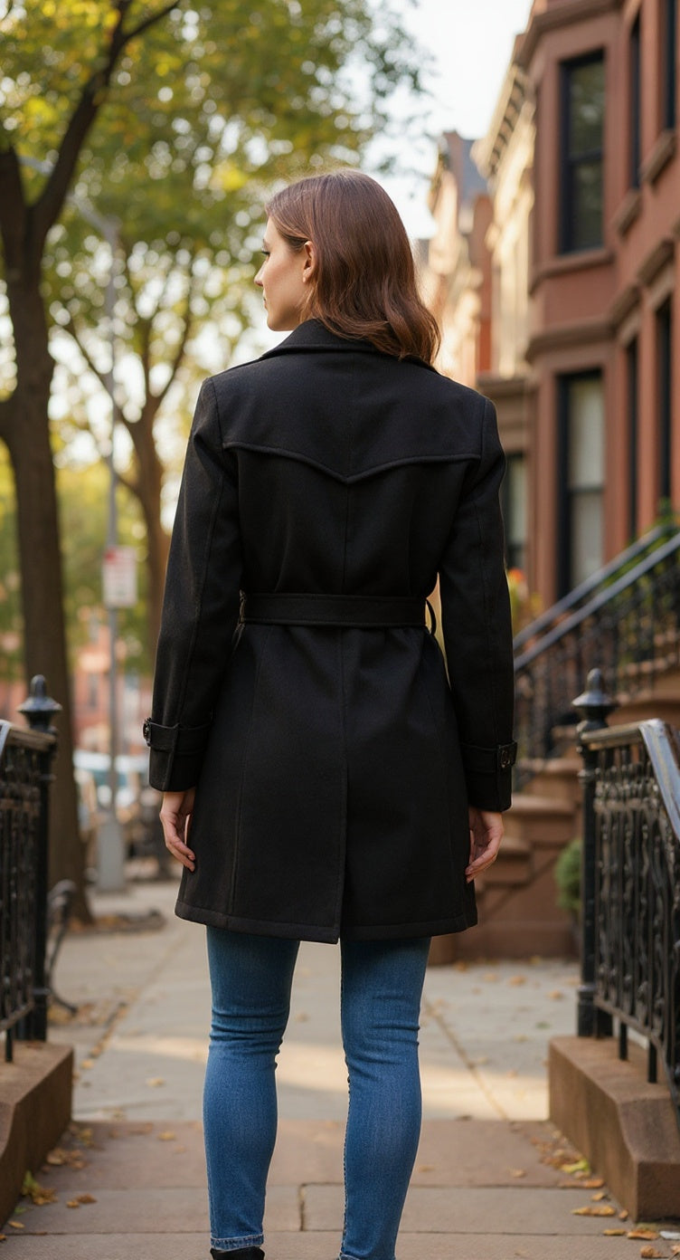 Excent Women’s Woollen Tweed Belted Coat – Classic Long Winter Jacket in Black| Elegant Warm Overcoat for Women