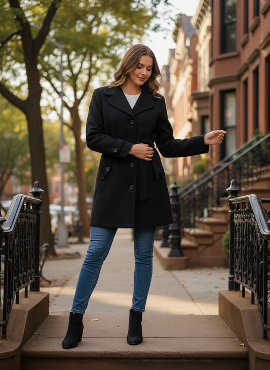 Excent Women’s Woollen Tweed Belted Coat – Classic Long Winter Jacket in Black| Elegant Warm Overcoat for Women