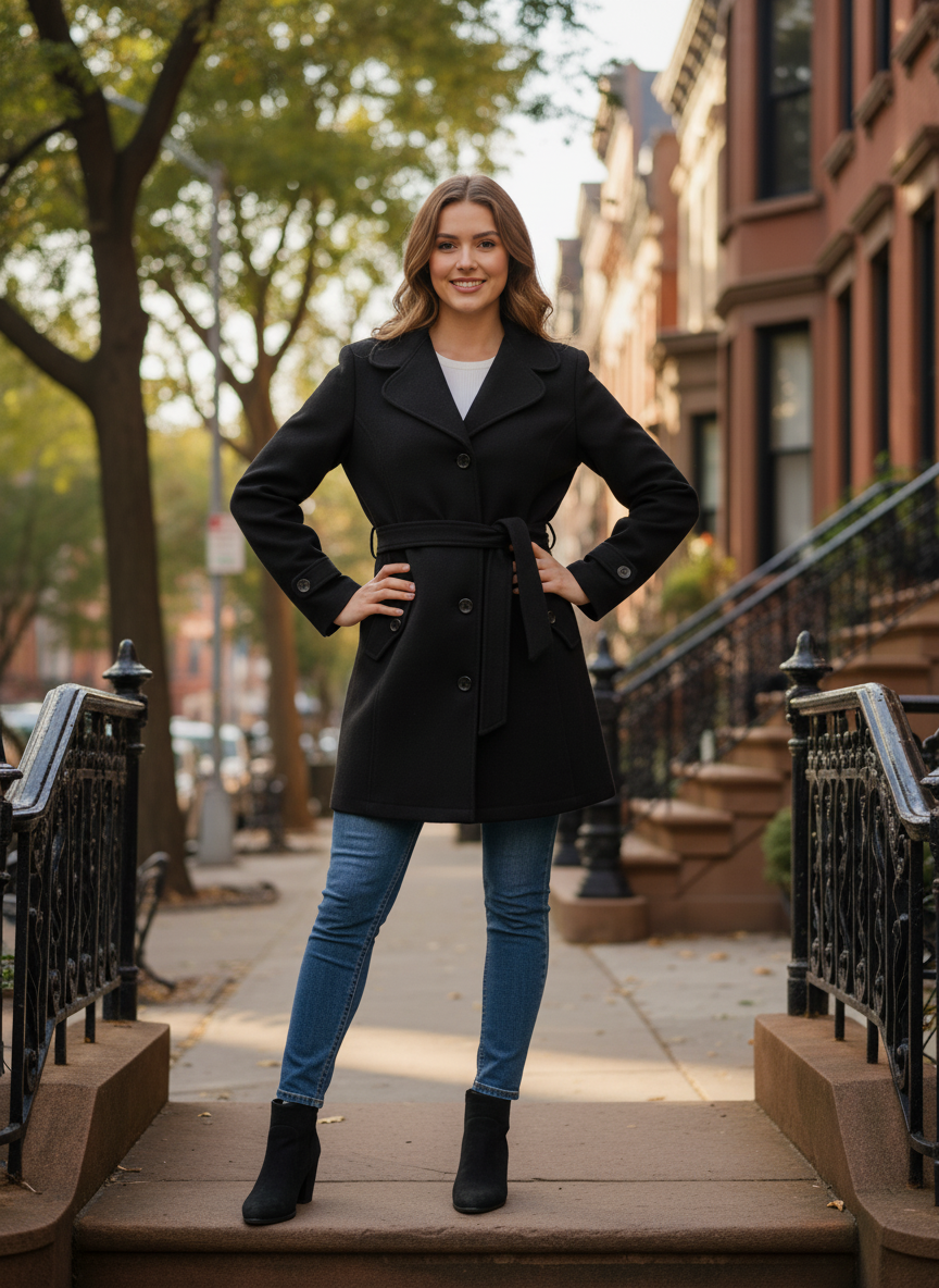 Excent Women’s Woollen Tweed Belted Coat – Classic Long Winter Jacket in Black| Elegant Warm Overcoat for Women