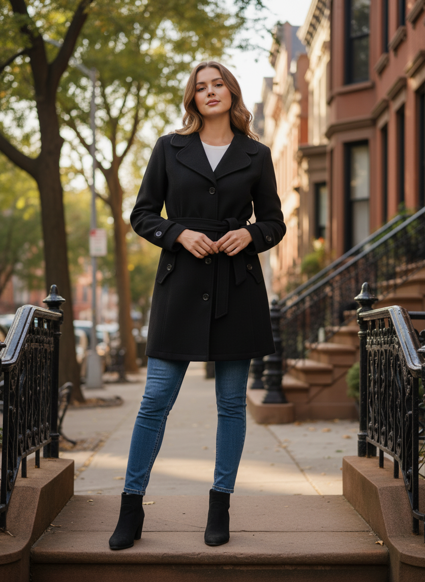 Excent Women’s Woollen Tweed Belted Coat – Classic Long Winter Jacket in Black| Elegant Warm Overcoat for Women