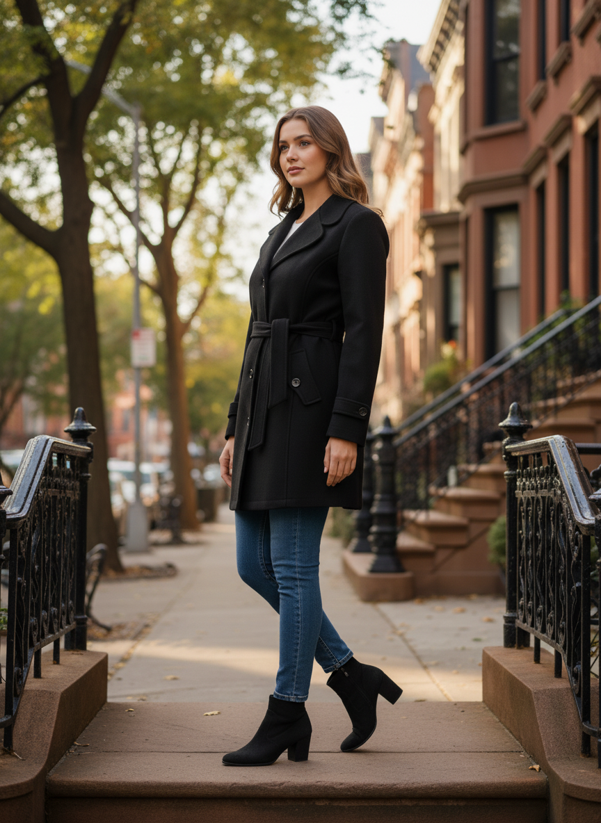 Excent Women’s Woollen Tweed Belted Coat – Classic Long Winter Jacket in Black| Elegant Warm Overcoat for Women