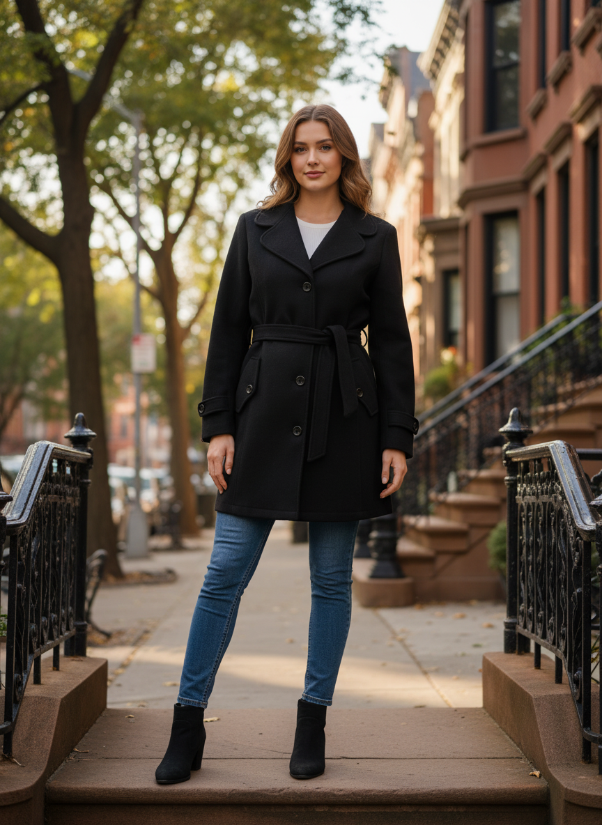 Excent Women’s Woollen Tweed Belted Coat – Classic Long Winter Jacket in Black| Elegant Warm Overcoat for Women