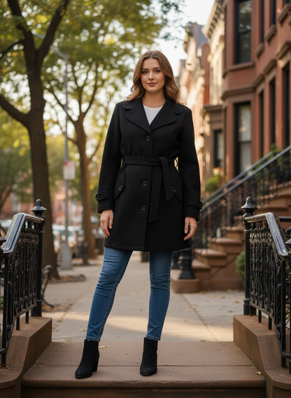 Excent Women’s Woollen Tweed Belted Coat – Classic Long Winter Jacket in Black| Elegant Warm Overcoat for Women