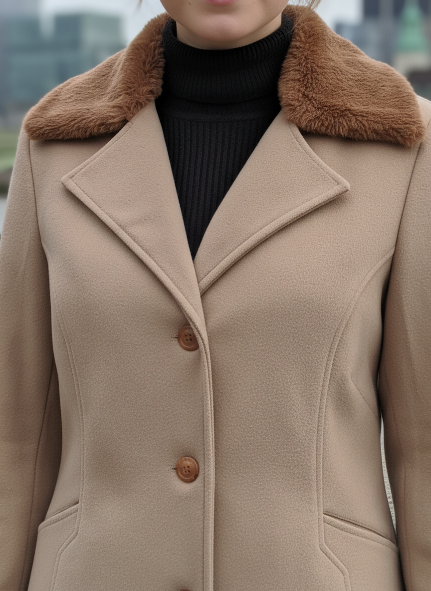 Excent Women’s Beige Camel Woollen Tweed Coat with Faux Fur Collar – Elegant Winter Overcoat | Warm & Classic Long Jacket for Women