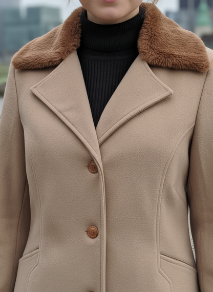 Excent Women’s Beige Camel Woollen Tweed Coat with Faux Fur Collar – Elegant Winter Overcoat | Warm & Classic Long Jacket for Women