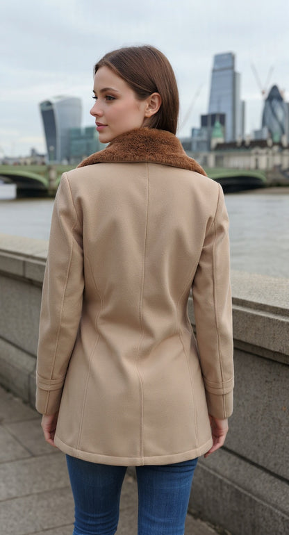 Excent Women’s Beige Camel Woollen Tweed Coat with Faux Fur Collar – Elegant Winter Overcoat | Warm & Classic Long Jacket for Women