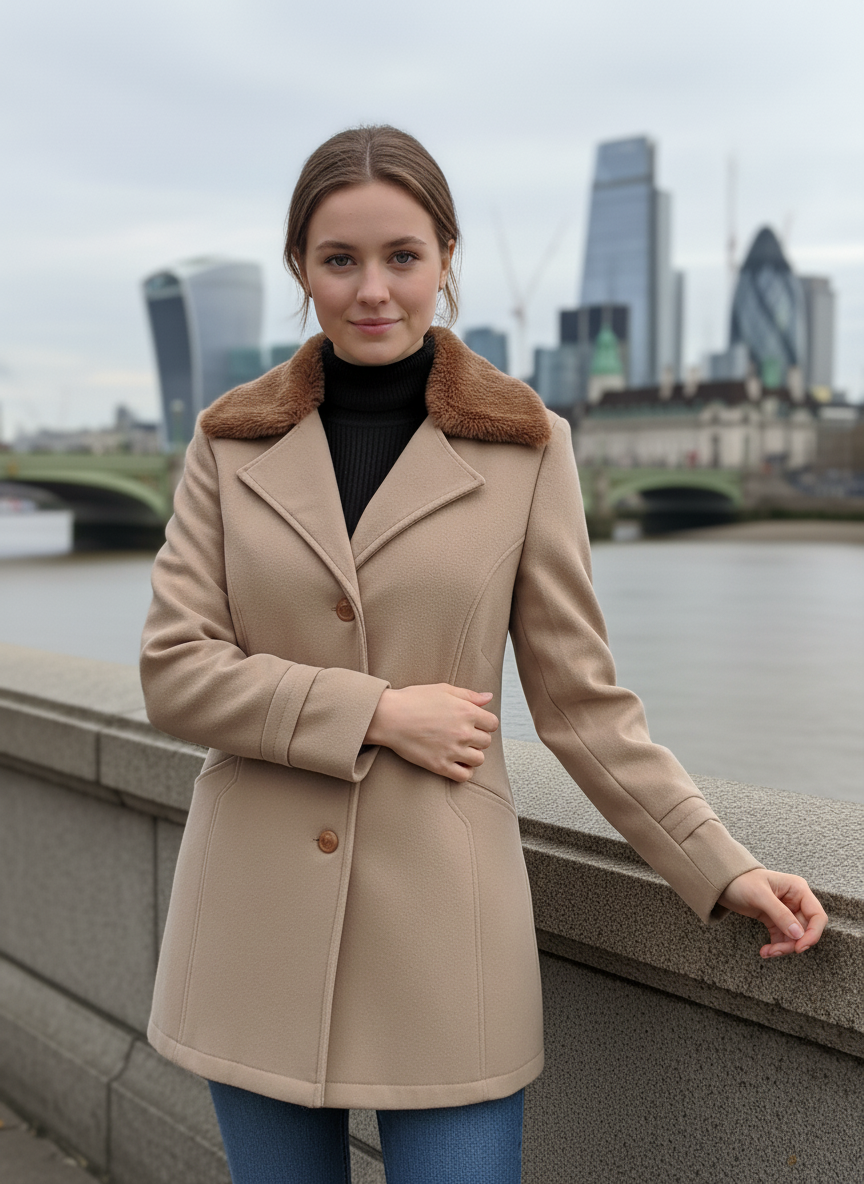 Excent Women’s Beige Camel Woollen Tweed Coat with Faux Fur Collar – Elegant Winter Overcoat | Warm & Classic Long Jacket for Women