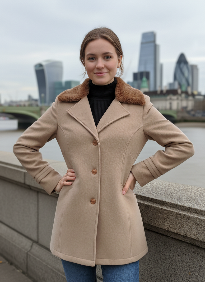 Excent Women’s Beige Camel Woollen Tweed Coat with Faux Fur Collar – Elegant Winter Overcoat | Warm & Classic Long Jacket for Women