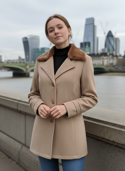 Excent Women’s Beige Camel Woollen Tweed Coat with Faux Fur Collar – Elegant Winter Overcoat | Warm & Classic Long Jacket for Women