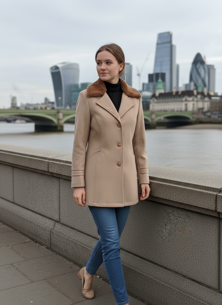 Excent Women’s Beige Camel Woollen Tweed Coat with Faux Fur Collar – Elegant Winter Overcoat | Warm & Classic Long Jacket for Women