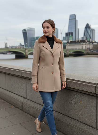 Excent Women’s Beige Camel Woollen Tweed Coat with Faux Fur Collar – Elegant Winter Overcoat | Warm & Classic Long Jacket for Women