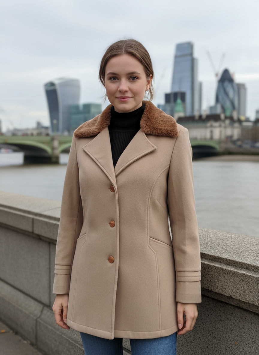 Excent Women’s Beige Camel Woollen Tweed Coat with Faux Fur Collar – Elegant Winter Overcoat | Warm & Classic Long Jacket for Women