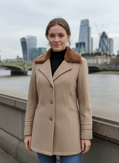 Excent Women’s Beige Camel Woollen Tweed Coat with Faux Fur Collar – Elegant Winter Overcoat | Warm & Classic Long Jacket for Women