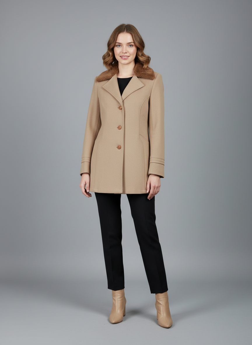 Excent Women’s Beige Camel Woollen Tweed Coat with Faux Fur Collar – Elegant Winter Overcoat | Warm & Classic Long Jacket for Women
