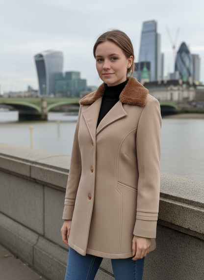 Excent Women’s Beige Camel Woollen Tweed Coat with Faux Fur Collar – Elegant Winter Overcoat | Warm & Classic Long Jacket for Women