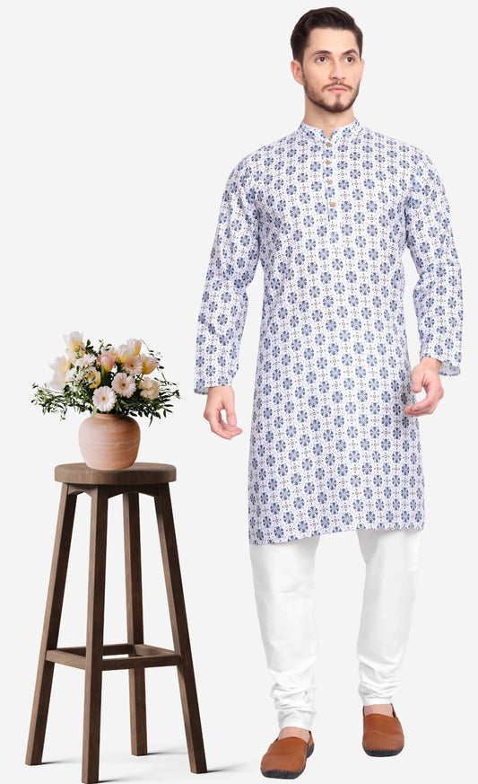 Elegant White & Blue Printed Kurta Pajama Set for Men | Festive & Traditional Occasions