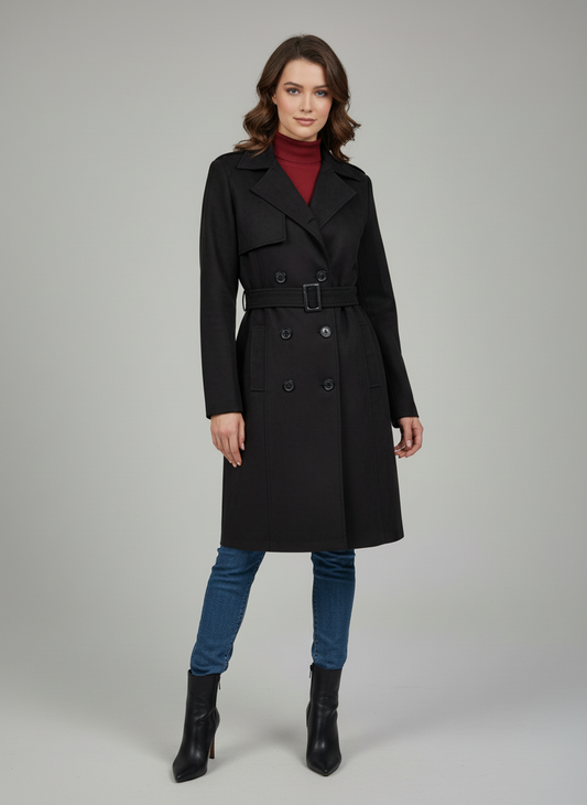 Excent women’s black woollen suede regular coat front view